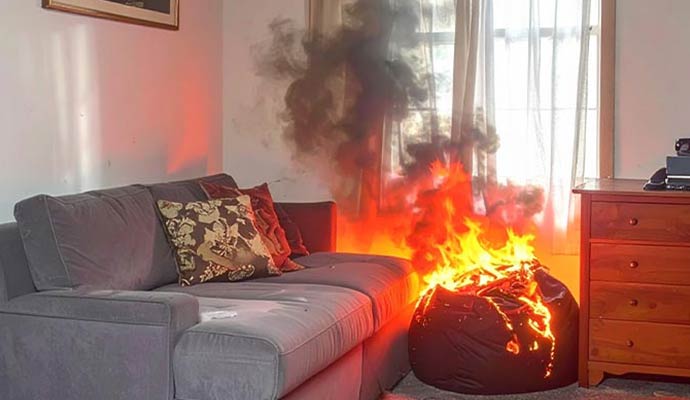 Active fire burning on a bean bag chair next to a sofa with thick black smoke rising in a residential living room