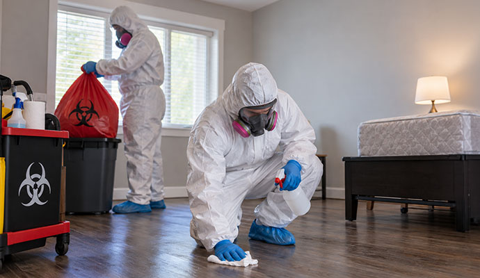 Biohazard cleanup workers cleaning bedroom with red bags