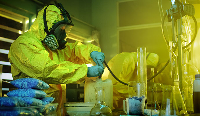 Person in yellow hazmat suit working in clandestine drug lab