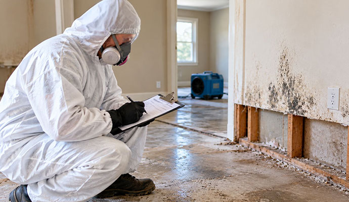 Technician documenting mold damage on wall with clipboard