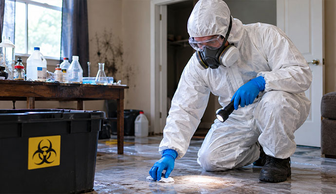 Technician in hazmat suit inspecting floor with biohazard container