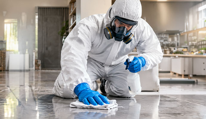 Technician in hazmat suit wiping floor with spray bottle