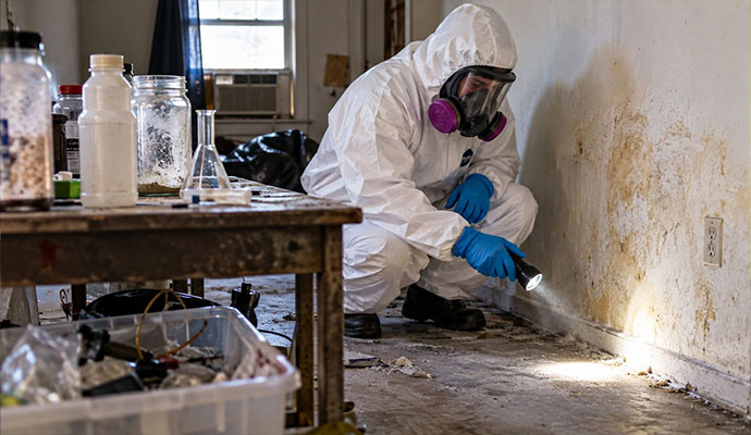 Technician inspecting stained wall with flashlight in hazmat suit
