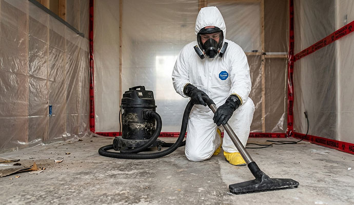 Technician vacuuming concrete floor in hazardous materials containment
