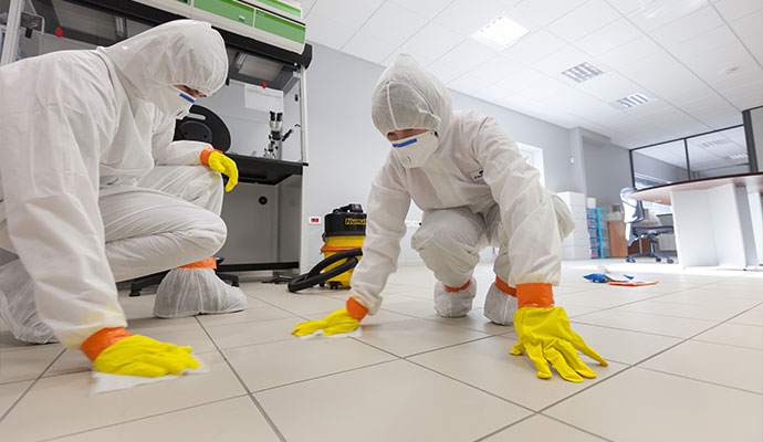 Two technicians in protective suits wiping laboratory tile floor