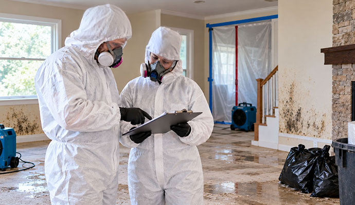 Two technicians reviewing clipboard in mold damaged living room