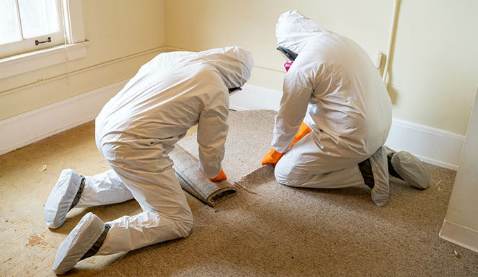 Two workers in hazmat suits removing carpet
