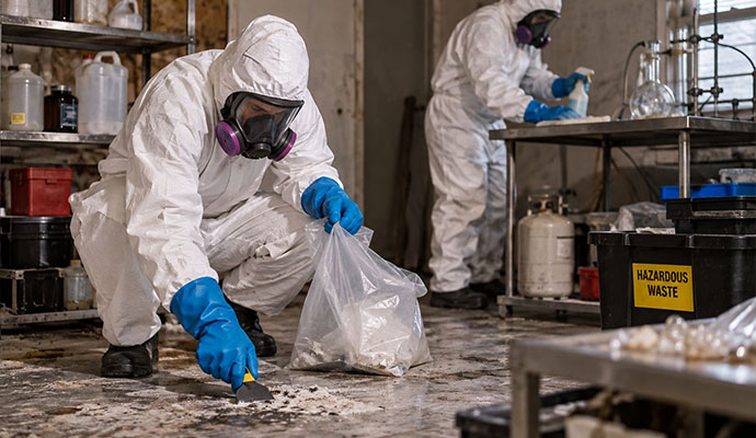 Two workers in hazmat suits scraping hazardous waste from floor