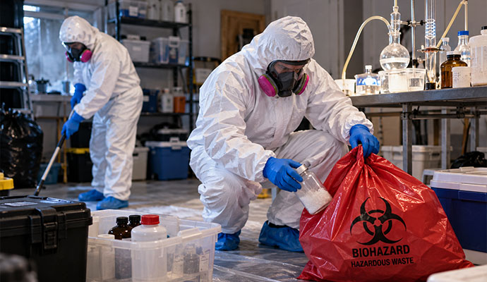 Workers placing chemicals into red biohazard waste bag