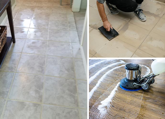 Collage of clean floor, grout sealing, and wooden floor cleaning service