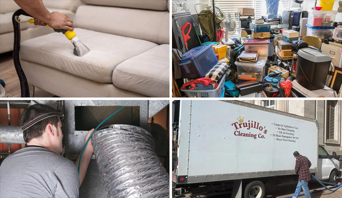 Collage of upholstery duct cleaning hoarding cleanup and restoration service