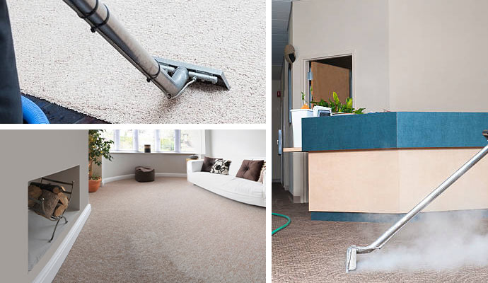 Professional worker cleaning carpet with hot water