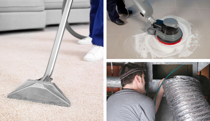 Collage of carpet steam cleaning, commercial floor buffing, and air duct cleaning services