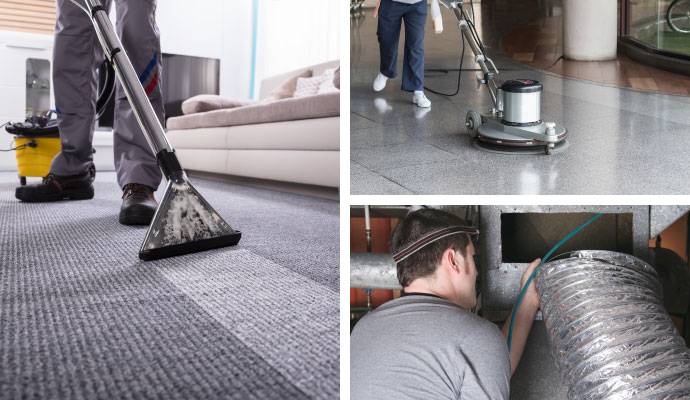 Collage of carpet steam cleaning, commercial floor buffing, and air duct cleaning services