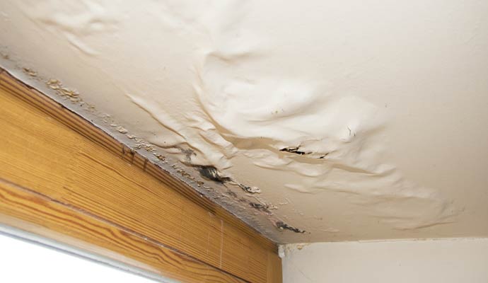 Bubbling and peeling paint on a white ceiling caused by a severe roof leak