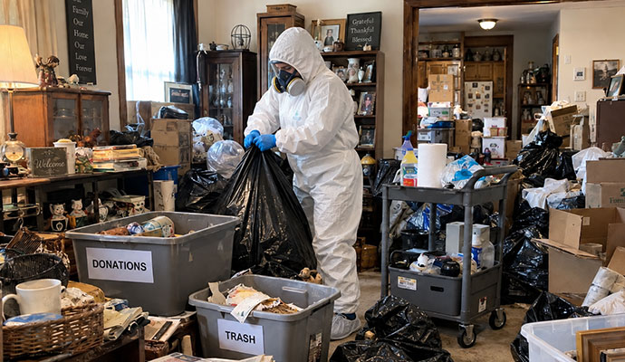 Cleaner in hazmat suit sorting donations and trash in cluttered home