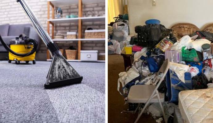 Collage of carpet cleaning and hoarding cleanup