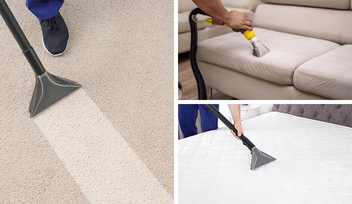 Collage of carpet cleaning, mattress cleaning and upholstery cleaning service