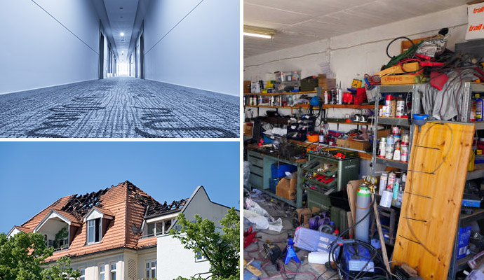 Collage of clean carpet, hoarding scene and fire damaged house