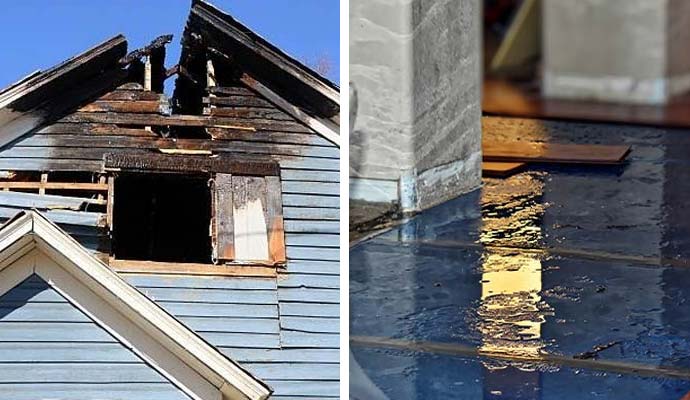 Collage of fire, smoke, and water damage