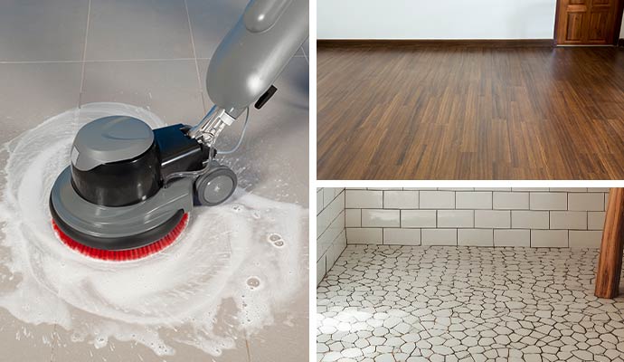 Collage of tile floor cleaning and clean wood and stone floor