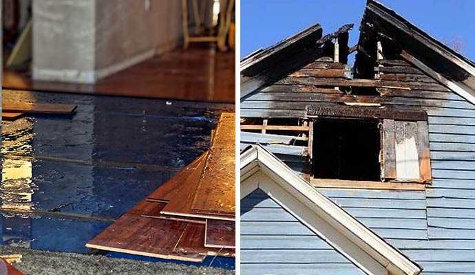 Collage of water-damaged hardwood floor and fire-damaged roof