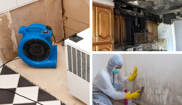 Collage of water, fire, and mold restoration services