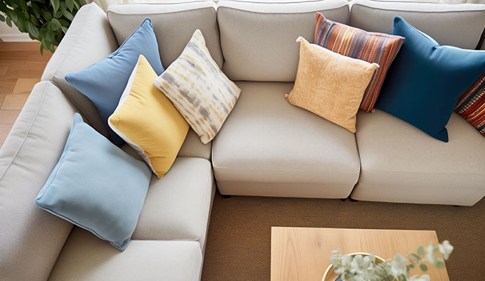 Top-down view of colorful decorative throw pillows arranged on a sectional sofa