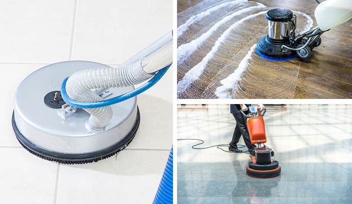 A collage showing professional floor cleaning equipment being used to scrub tile and wood floors and a technician polishing a large commercial floor