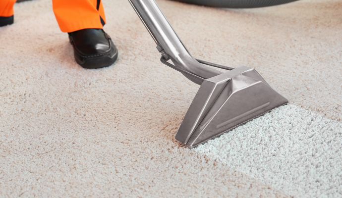 An employee at a dry cleaners meticulously removes dirt from a carpet in a flat