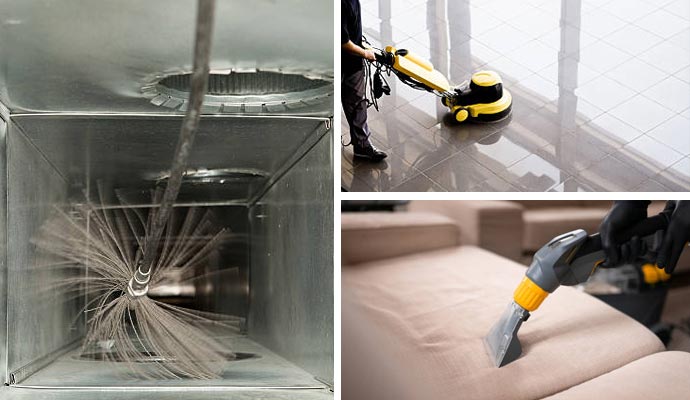 Professional duct cleaning service and stone floor and upholstery cleaning in progress.