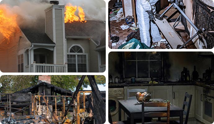 Professional conducting fire damage restoration work on a damaged area.