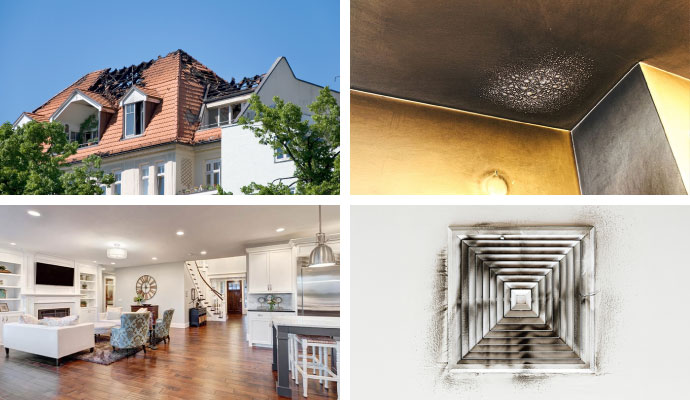 Fire damaged house roof, smoke damaged ceiling, clean living room and dirty vent cover