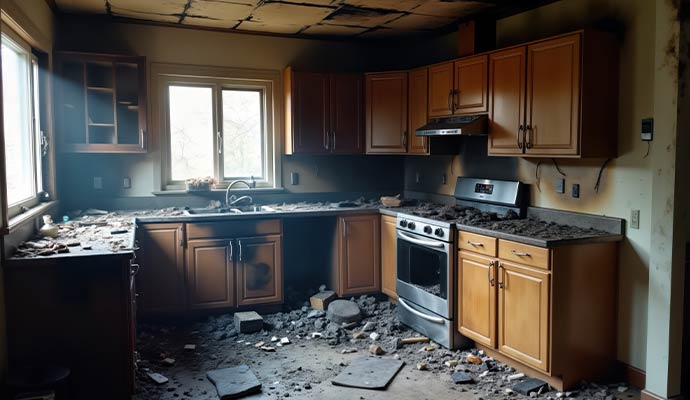 Fire damaged kitchen with debris soot and damaged ceiling