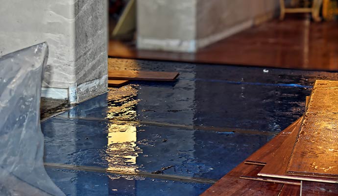 Professional water damage restoration in progress on a soaked hardwood floor