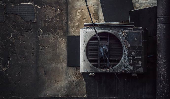 Close up of an indoor air conditioning unit and wall covered in heavy black soot and smoke residue after a house fire
