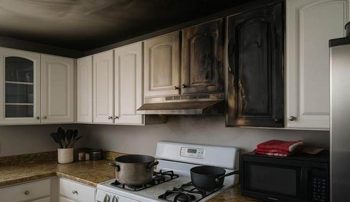 Severe smoke and fire damage on white kitchen cabinets and ceiling