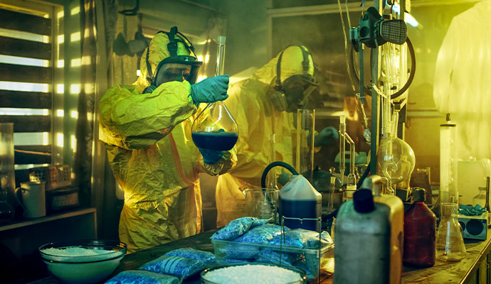 People in yellow hazmat suits in clandestine drug lab