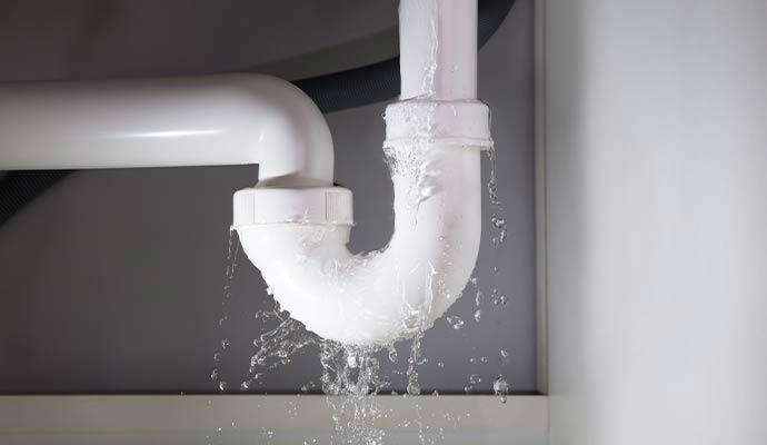 Water splashing and leaking from a white plastic pipe under a sink