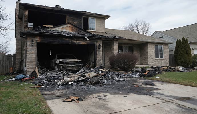 Severe residential fire damage and garage restoration services