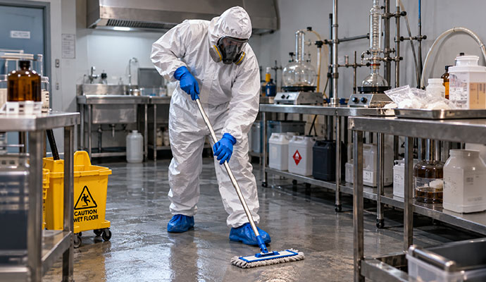 Technician in hazmat suit mopping laboratory floor