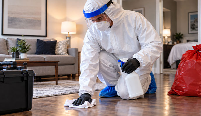 Technician in ppe cleaning living room floor with biohazard bag