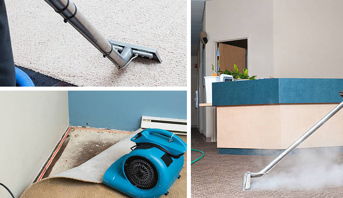 Carpet cleaning with hot water and water extraction machine on the carpet