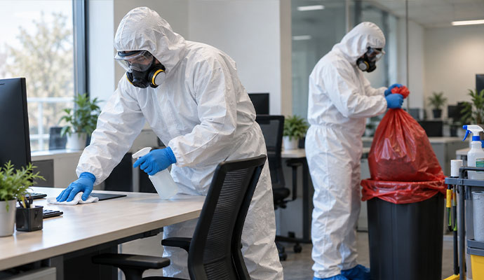 Two technicians in hazmat suits disinfecting office desks