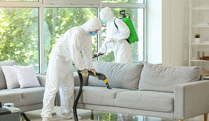 Two technicians in hazmat suits sanitizing living room