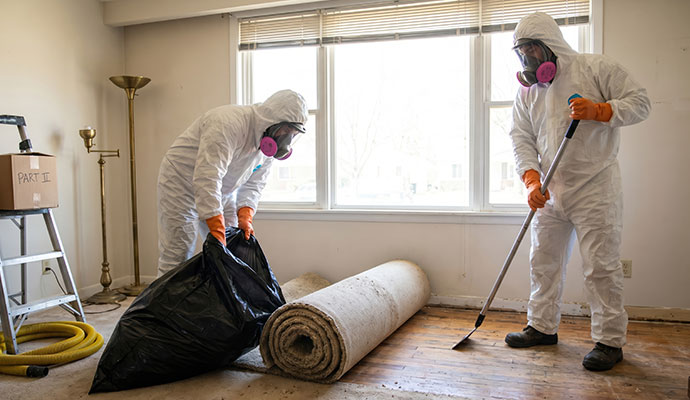 Two workers in hazmat suits removing carpet and scraping floor