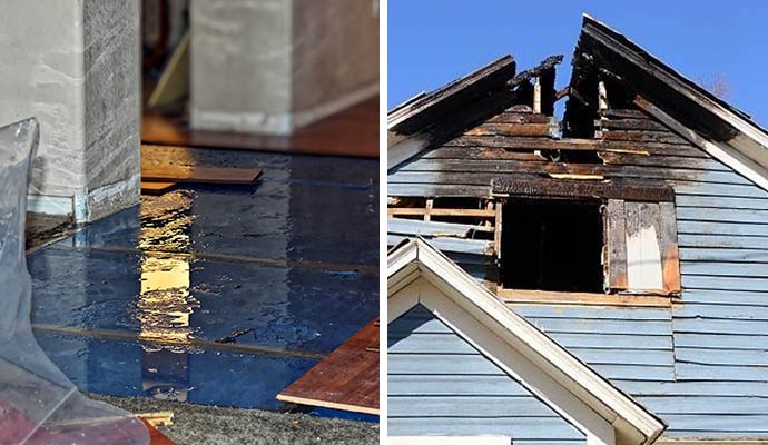 Water damaged interior flooring and fire damage to a residential roofline
