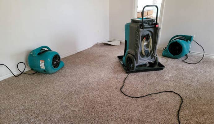 Air movers and dehumidifier drying carpet in an empty room