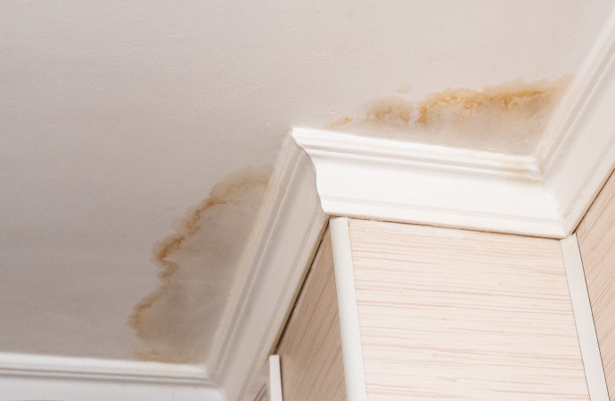 Water damage stains along the ceiling edge and crown molding