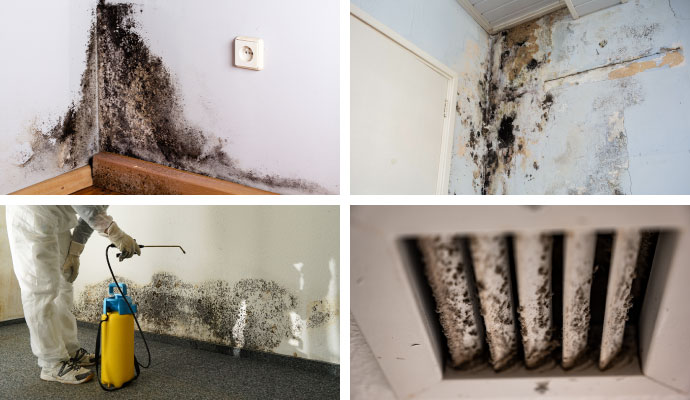Collage of black mold on the wall, structural mold damage, mold decontamination service and moldy HVAC